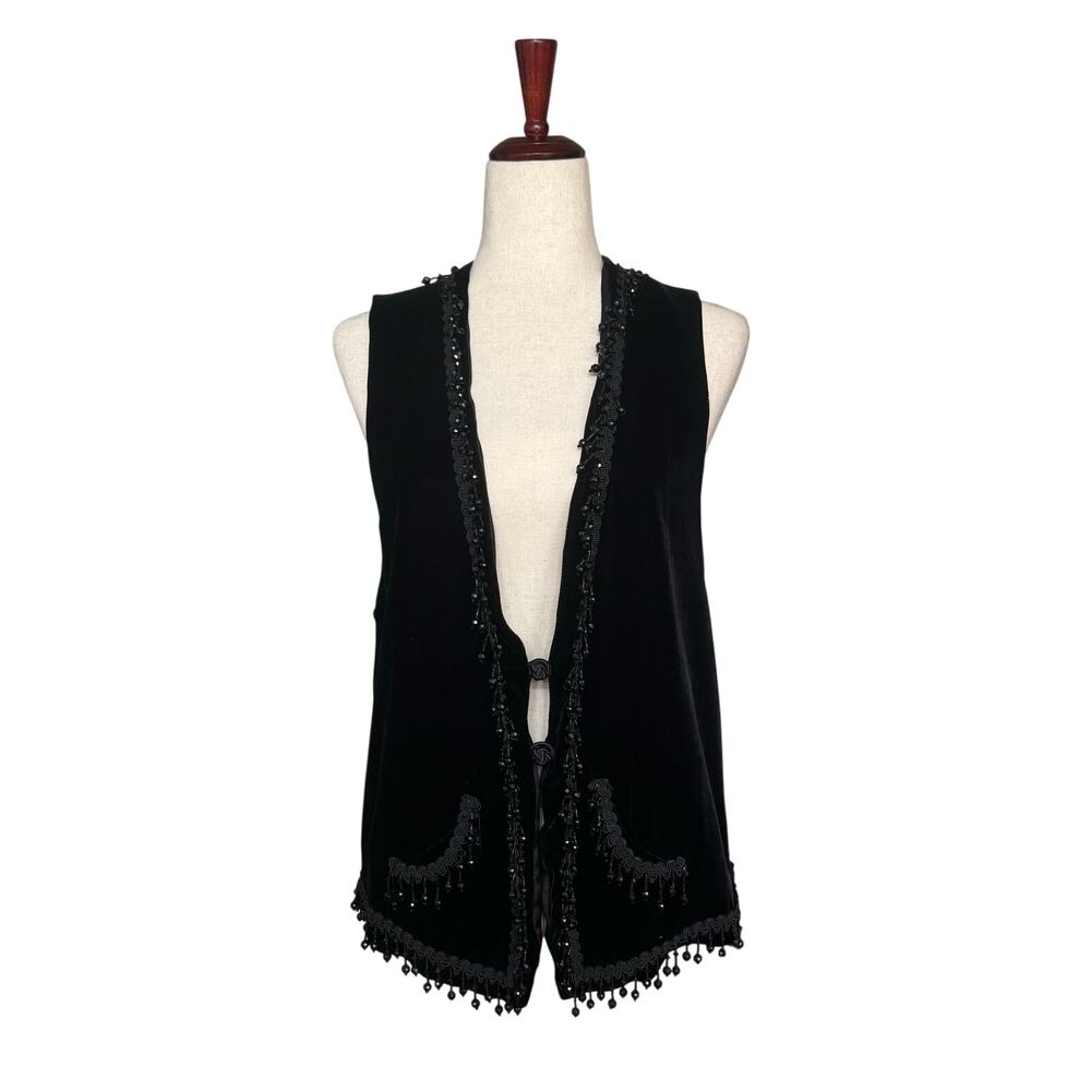Max Mabel Velvet Boho Witchy Whimsigoth Vest Womens M Black Beaded Rayon Silk